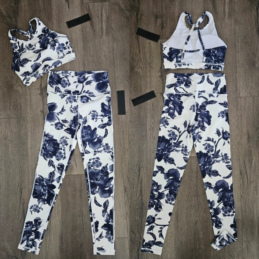 NWT Mono B matching 2 piece set white blue floral sports bra and leggings Small